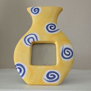 Yellow Ceramic Vase with Blue Swirls